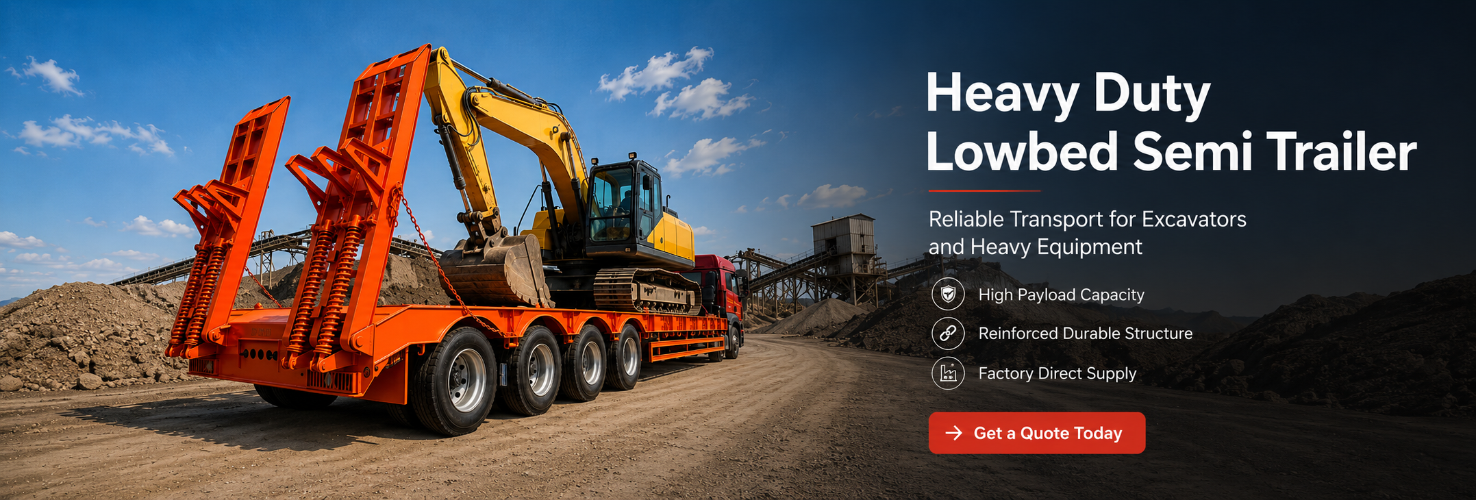 Excavator Loading onto 4 Axle Lowbed Semi Trailer with Side Outriggers