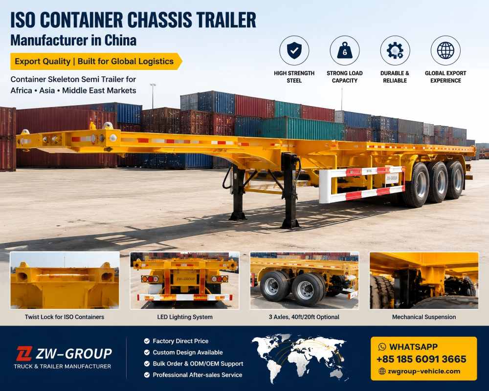 ISO Container Chassis Trailer Manufacturer China export container skeleton semi trailer for Africa Asia Middle East logistics markets