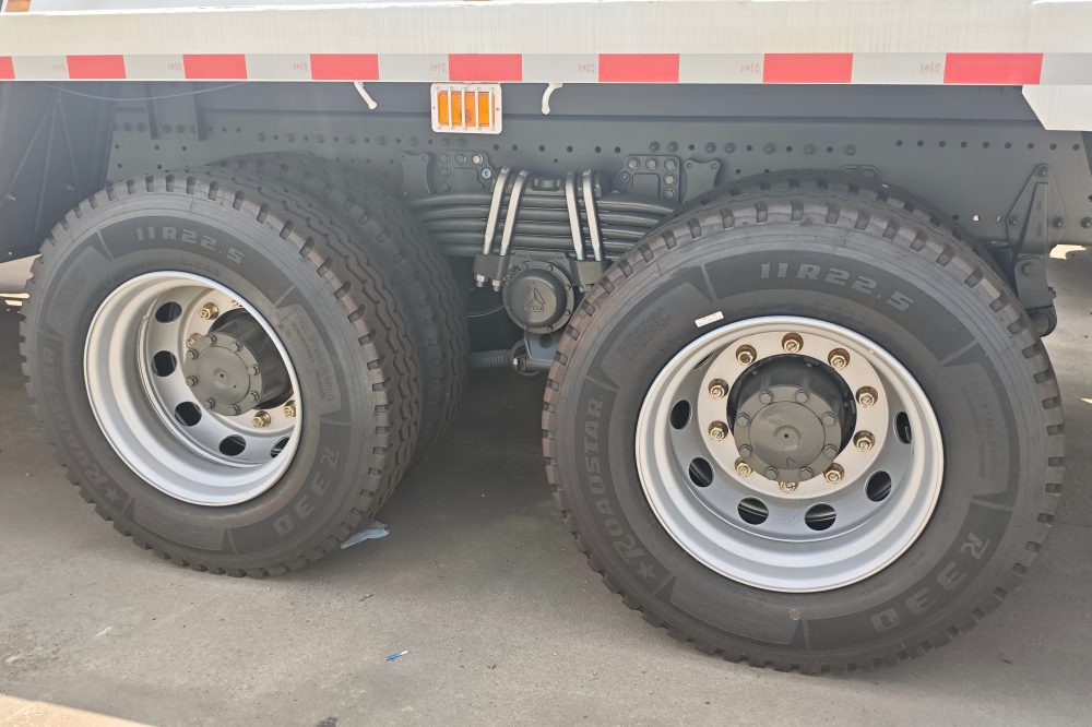 HOWO 8x4 Flatbed Truck Q345B 4mm to 6mm patterned steel deck close-up for heavy machinery and steel cargo transport